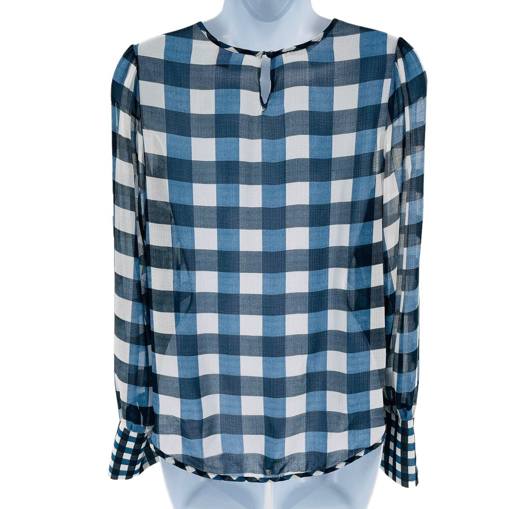 Scotch & Soda Aloha Hula Navy Blue White Sheer Checked Long Blouson Sleeve Top S - Picture 5 of 12